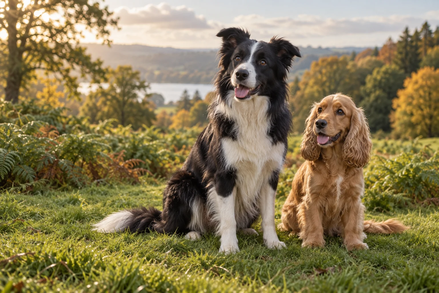 A border collie and a golden spaniel enjoying a quiet moment outdoors