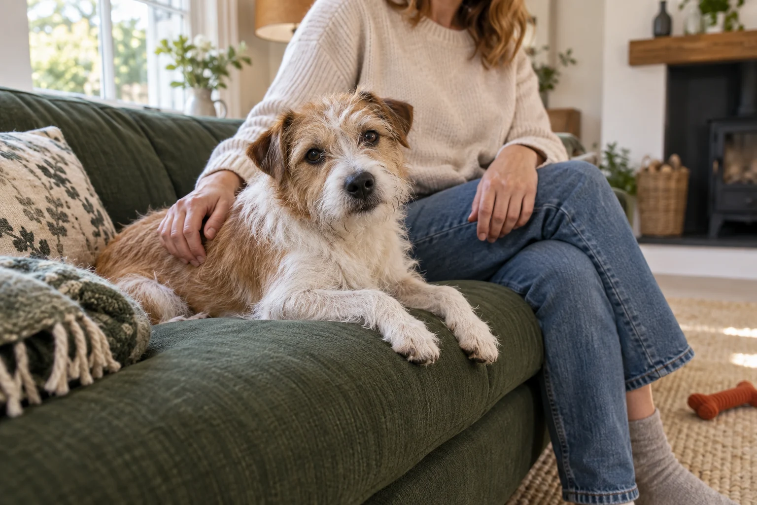 A relaxed terrier resting beside a sitter at home