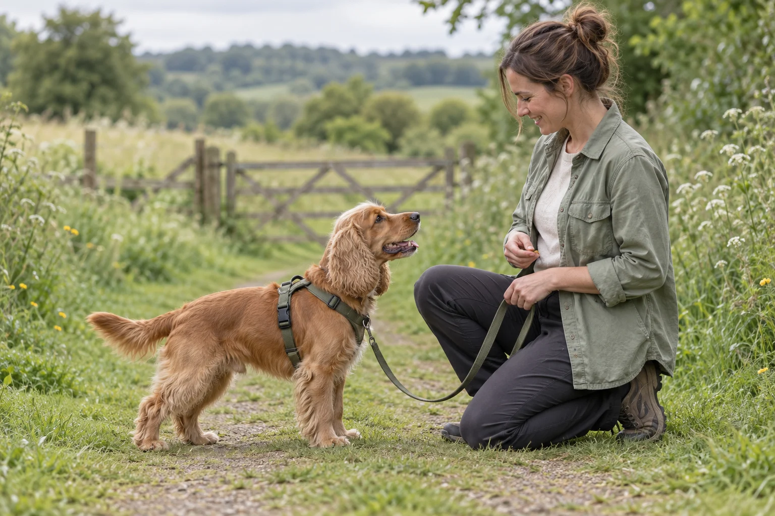 An owner and spaniel practising together on a park path