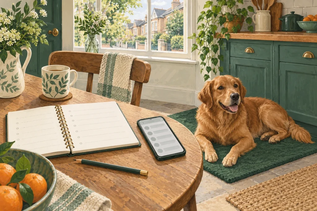 Illustration of a pet-care notebook and phone on a kitchen table beside a resting golden dog.
