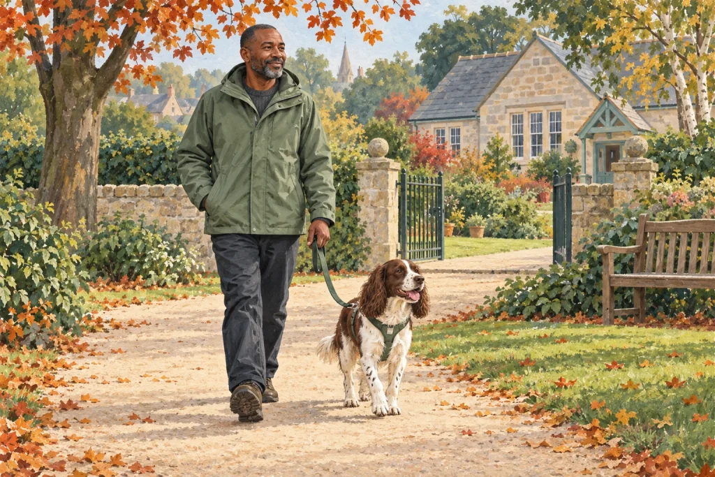 Illustration of a volunteer walking a spaniel on a lead along an autumn village path.
